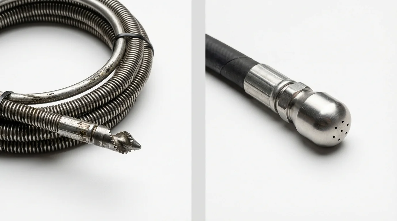 Drain snake cable and hydro jetting nozzle used for drain cleaning in Garden City, MI