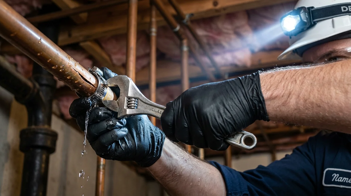 Emergency pipe clamp repair being performed by a Johns Plumbing LLC plumber in Garden City