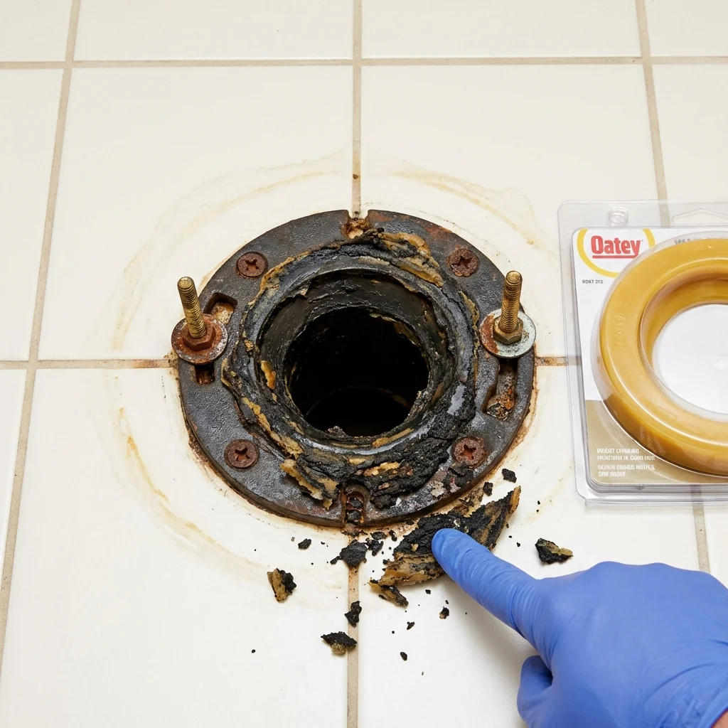Failed wax ring showing water seepage at the base of a toilet in a Garden City, MI home