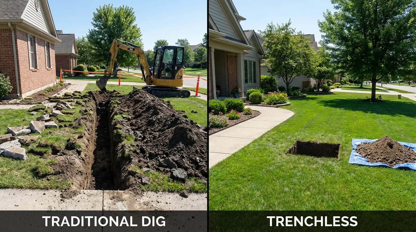 Trenchless sewer repair with minimal yard damage versus traditional excavation in Garden City, MI