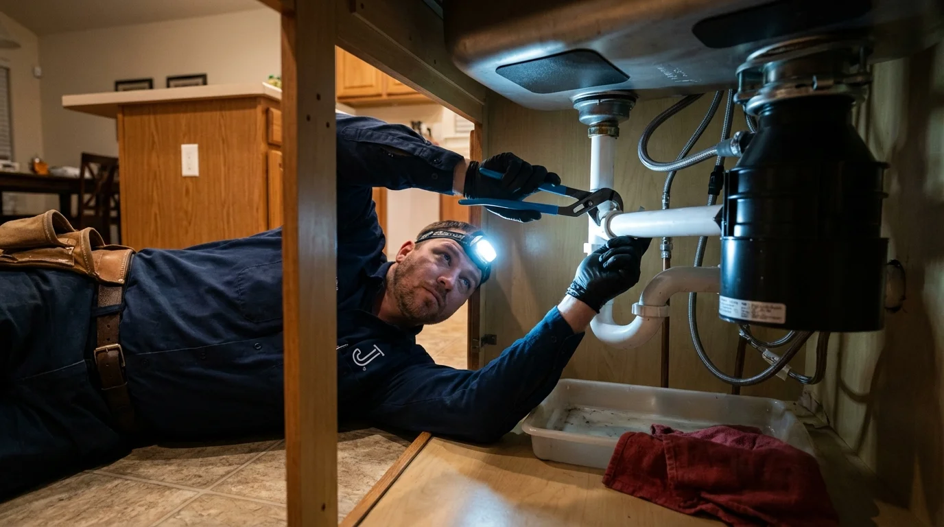 P-trap and supply line connections under a kitchen sink showing a common leak point in Garden City, MI